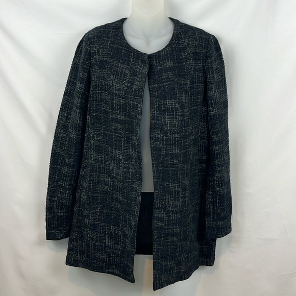 Eileen Fisher Crosshatch Open Front Black Gray Blazer Coat-Organic Cotton Size M - Picture 2 of 10
